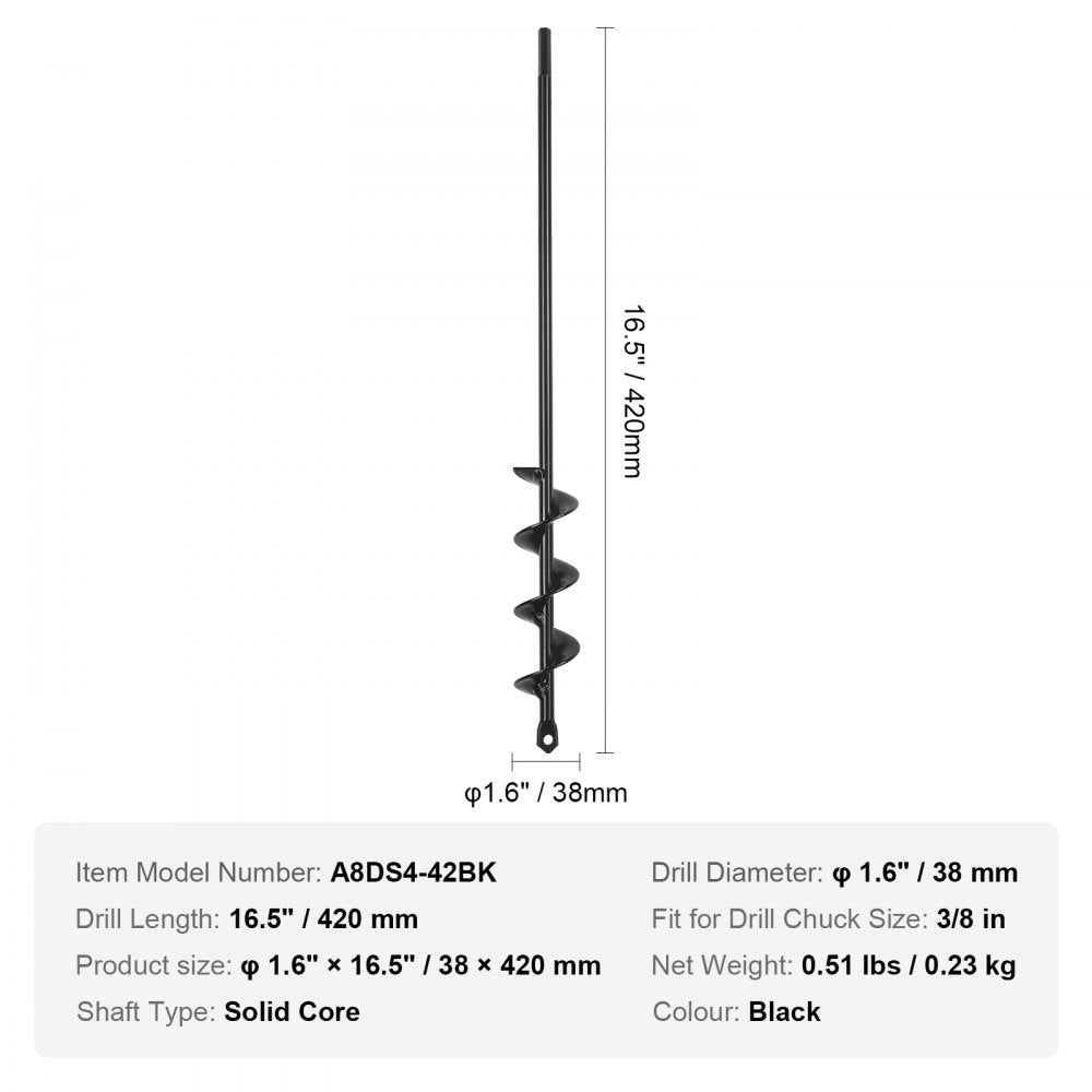 Garden auger drill bit with a 1.6" diameter and 16.5" length for efficient soil preparation.