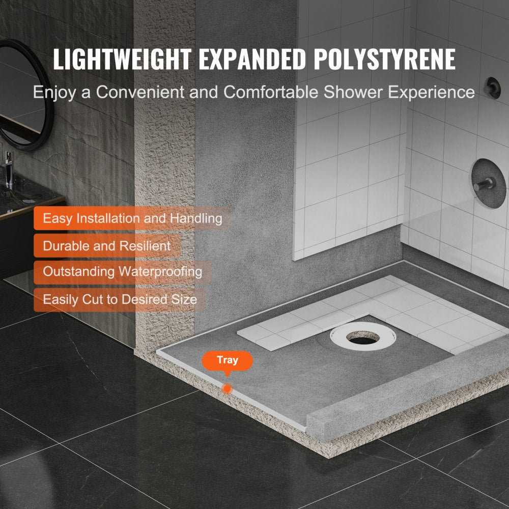 Shower Curb Kit, 60"x38" Shower Pan Kit with 6.3" Central Drain, Lightweight EPS Shower Installation Kits with 2 Waterproof Cloths, Shower Pan Slope Sticks Fit for Bathroom