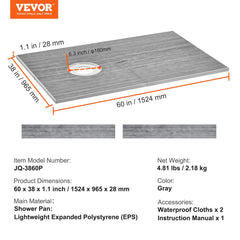 Shower Curb Kit, 60"x38" Shower Pan Kit with 6.3" Offset Drain, Lightweight EPS Shower Installation Kits with 2 Waterproof Cloths, Shower Pan Slope Sticks Fit for Bathroom