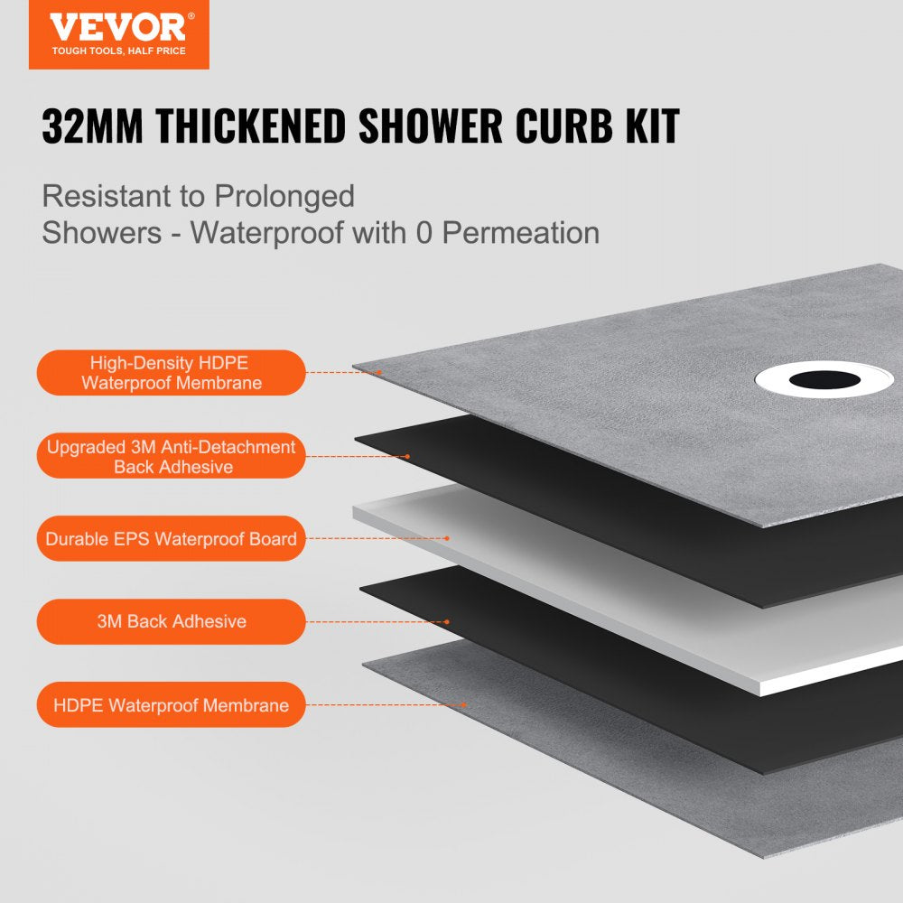 Shower Curb Kit, 72"x72" Shower Pan Kit with 6.3" Central Drain, Lightweight EPS Shower Installation Kits with 2 Waterproof Cloths, Shower Pan Slope Sticks Fit for Bathroom