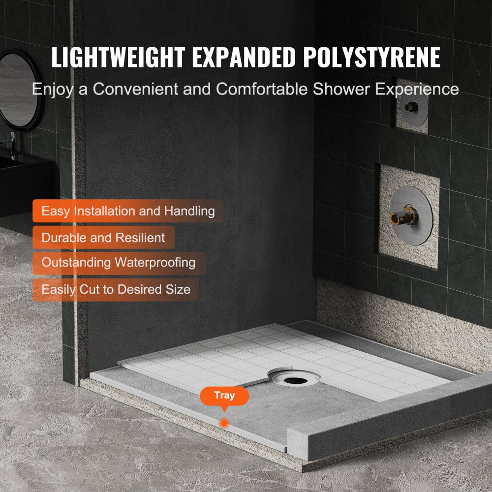 Shower Curb Kit, 72"x72" Shower Pan Kit with 6.3" Central Drain, Lightweight EPS Shower Installation Kits with 2 Waterproof Cloths, Shower Pan Slope Sticks Fit for Bathroom