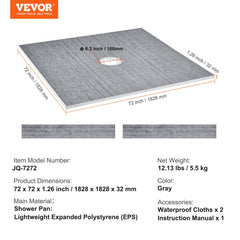 Shower Curb Kit, 72"x72" Shower Pan Kit with 6.3" Central Drain, Lightweight EPS Shower Installation Kits with 2 Waterproof Cloths, Shower Pan Slope Sticks Fit for Bathroom