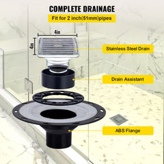 Shower Curb Kit, 38"x60" Watertight Shower Curb Overlay with 4" ABS Central Bonding Flange, 4" Stainless Steel Grate, 2 Cuttable Shower Curb and Trowel, Shower Pan Slope Sticks Fit for Bathroom