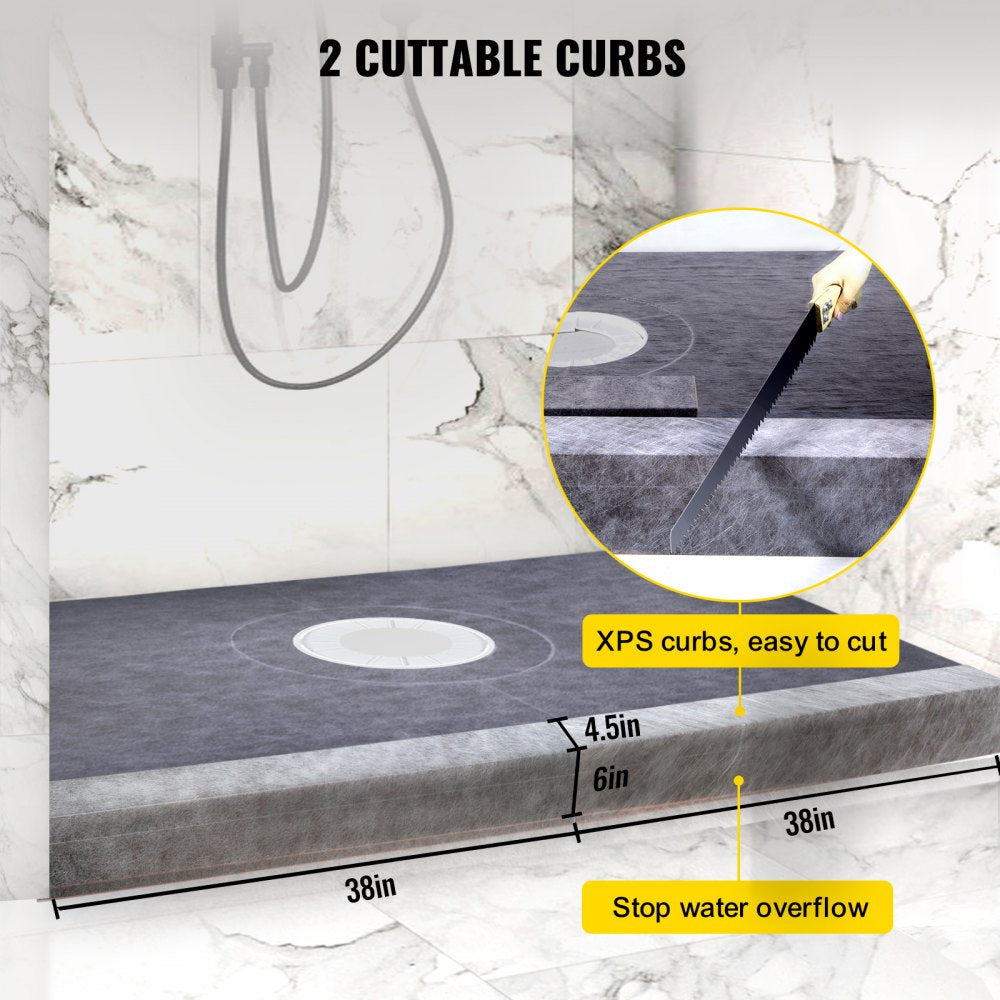 Shower Curb Kit, 38"x60" Watertight Shower Curb Overlay with 4" ABS Central Bonding Flange, 4" Stainless Steel Grate, 2 Cuttable Shower Curb and Trowel, Shower Pan Slope Sticks Fit for Bathroom