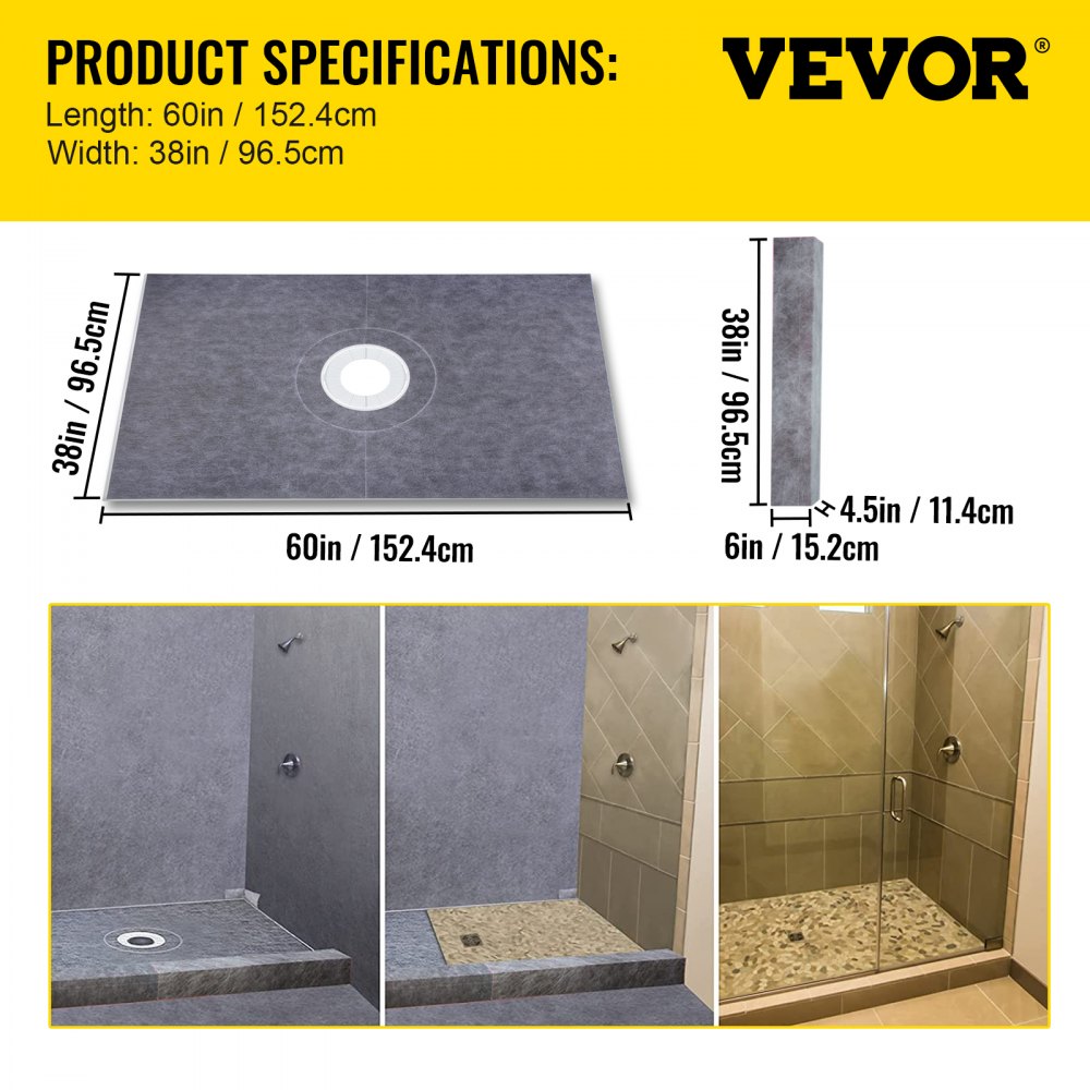 Shower Curb Kit, 38"x60" Watertight Shower Curb Overlay with 4" ABS Central Bonding Flange, 4" Stainless Steel Grate, 2 Cuttable Shower Curb and Trowel, Shower Pan Slope Sticks Fit for Bathroom