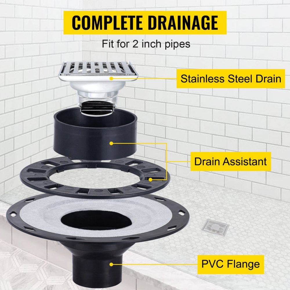 Bostome 38"x60" watertight shower curb kit with PVC flange and stainless steel grate.