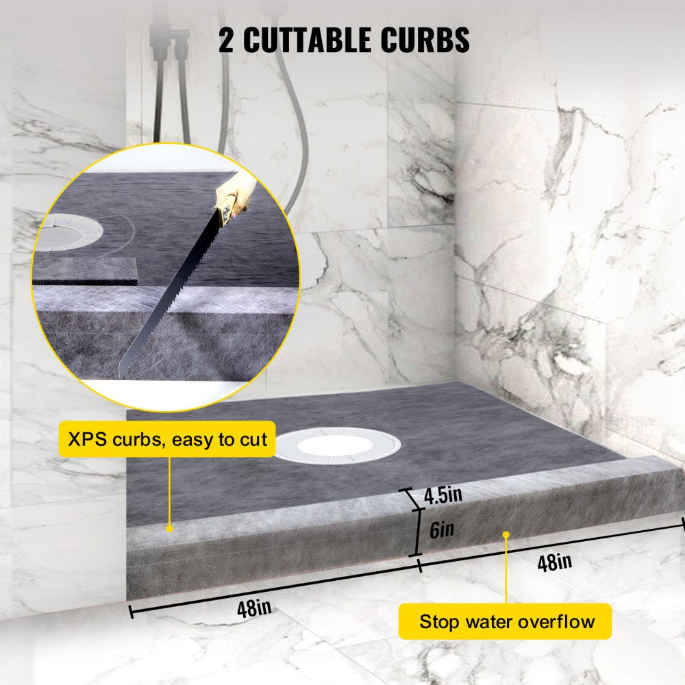 Bostome 48"x48" watertight shower curb kit with ABS flange and stainless steel grate.