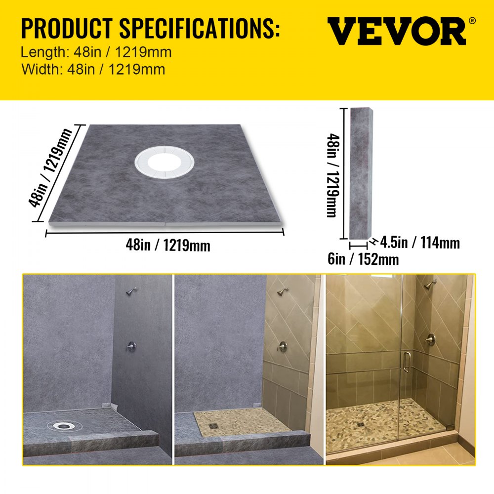 Bostome 48"x48" watertight shower curb kit with ABS flange and stainless steel grate.