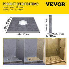Bostome 48"x48" watertight shower curb kit with ABS flange and stainless steel grate.
