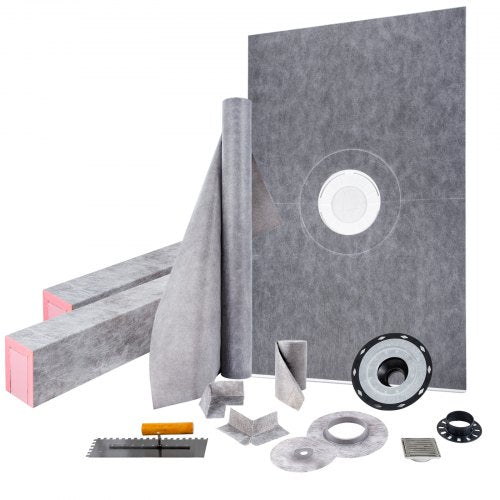 Bostome 48"x72" watertight shower curb kit with ABS drain and stainless steel grate.