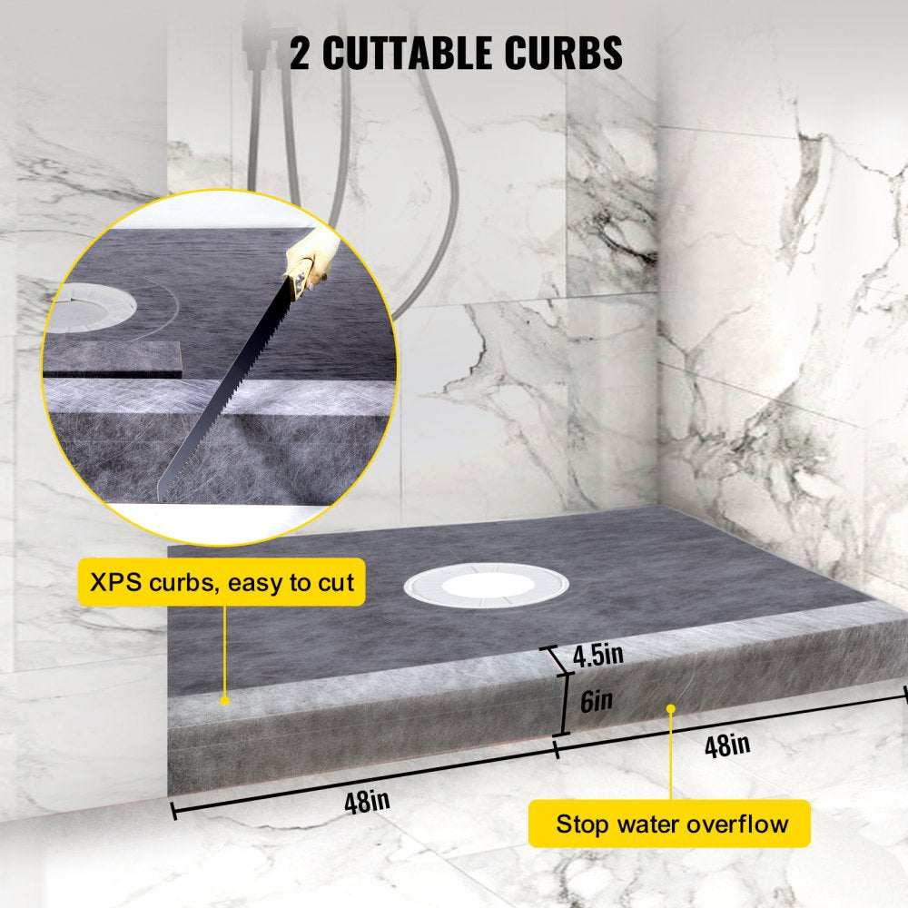 Bostome 48"x72" watertight shower curb kit with ABS drain and stainless steel grate.