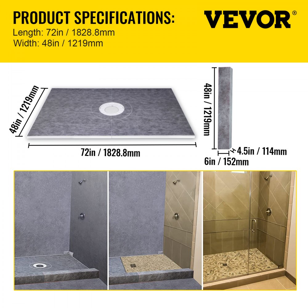 Bostome 48"x72" watertight shower curb kit with ABS drain and stainless steel grate.