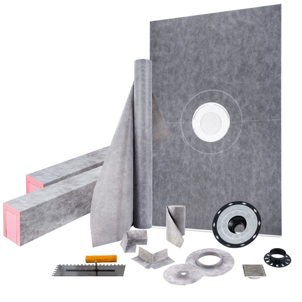 Bostome 48"x72" watertight shower curb kit with drain, grate, and foam tray for easy installation.