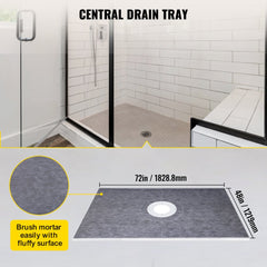48x72 inch shower curb kit with PVC flange, stainless steel grate, and central drain tray featuring brush mortar and fluffy surface.