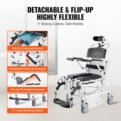 Shower Wheelchair 17.5in Al Alloy Bathroom Wheelchair for Disabled Adult