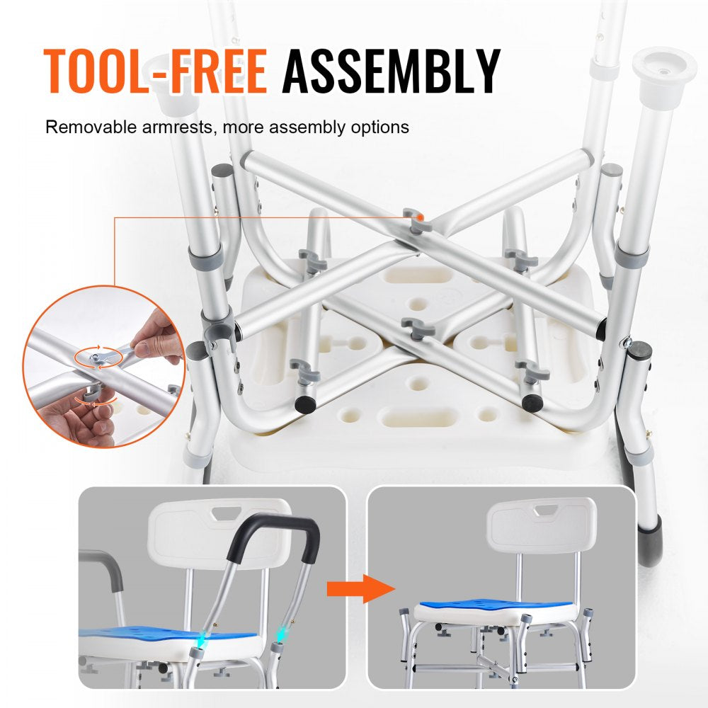 Shower Chair Seat with Padded Arms and Back, Shower Stool with Reinforced CrossBar, Adjustable Height Bench Bath Chair for Elderly Disabled, Shower Chair for Inside Shower Bathtub, 400 lbs