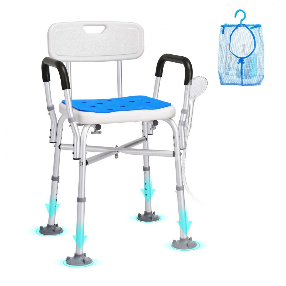 Shower Chair Seat with Padded Arms and Back, Shower Stool with Reinforced CrossBar, Adjustable Height Bench Bath Chair for Elderly Disabled, Shower Chair for Inside Shower Bathtub, 400 lbs