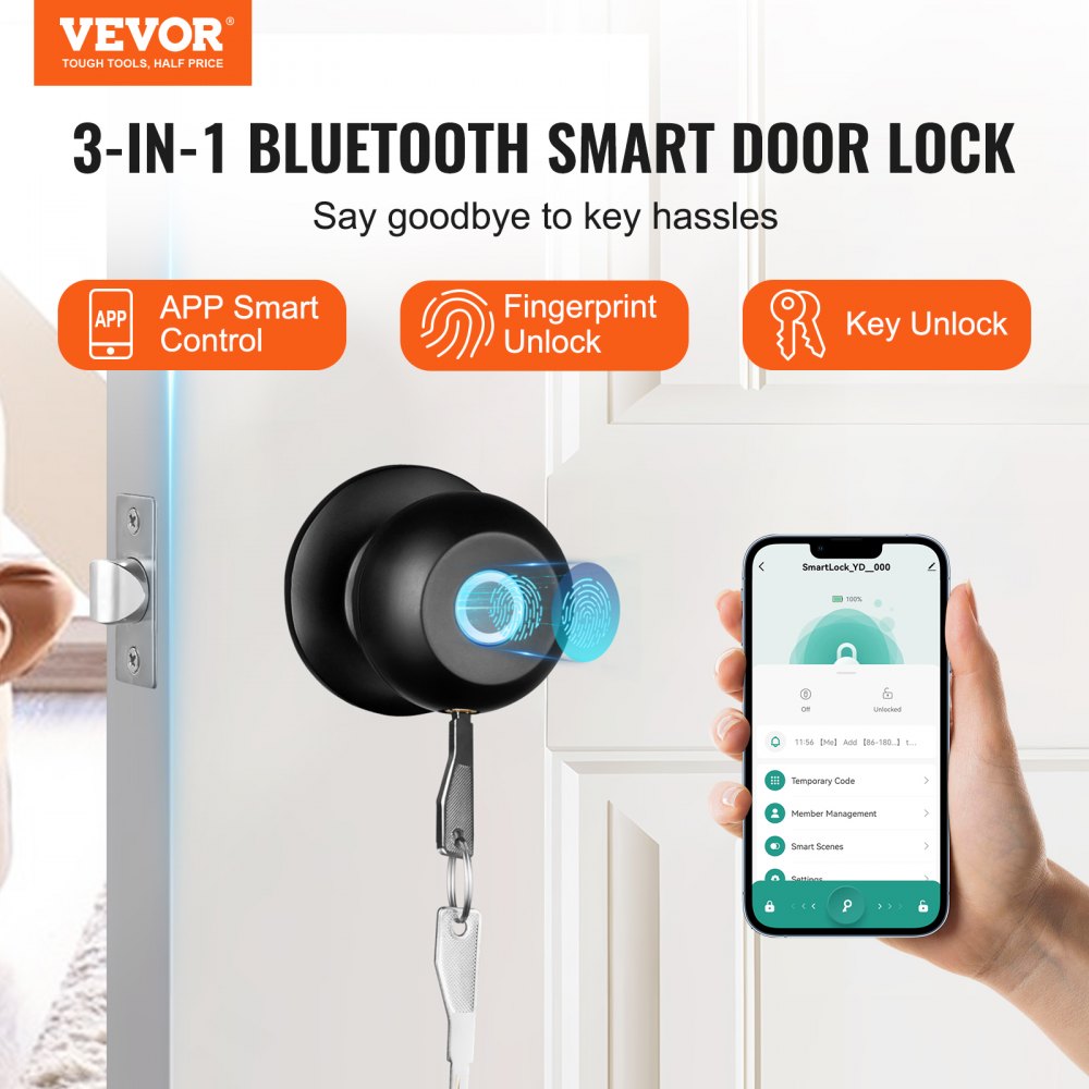 Smart Door Knob, Biometric Door Lock Bluetooth Smart Lock, Fingerprint Smart Lock with APP Control, Easy Installation Door Lock, for Home Bedrooms, Cloakroom, Hotels, Apartments Offices, Black