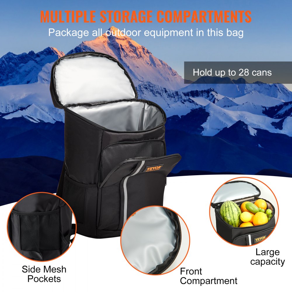 Cooler Backpack, 28 Cans Backpack Cooler Leakproof, Waterproof Insulated Backpack Cooler, Lightweight Beach Cooler Bag with Shoulder Padding and Mesh Pocket for Hiking, Camping, BBQ, Black