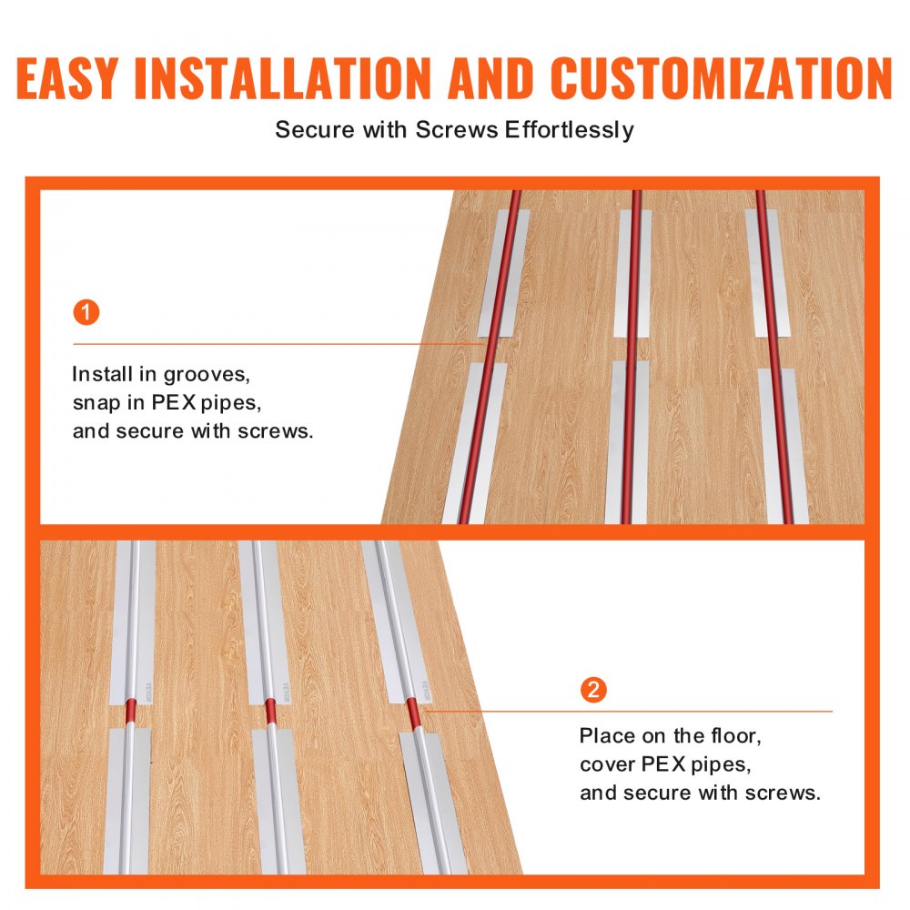 Aluminum heat transfer plates for 3/4" PEX pipes, designed for efficient radiant floor heating.