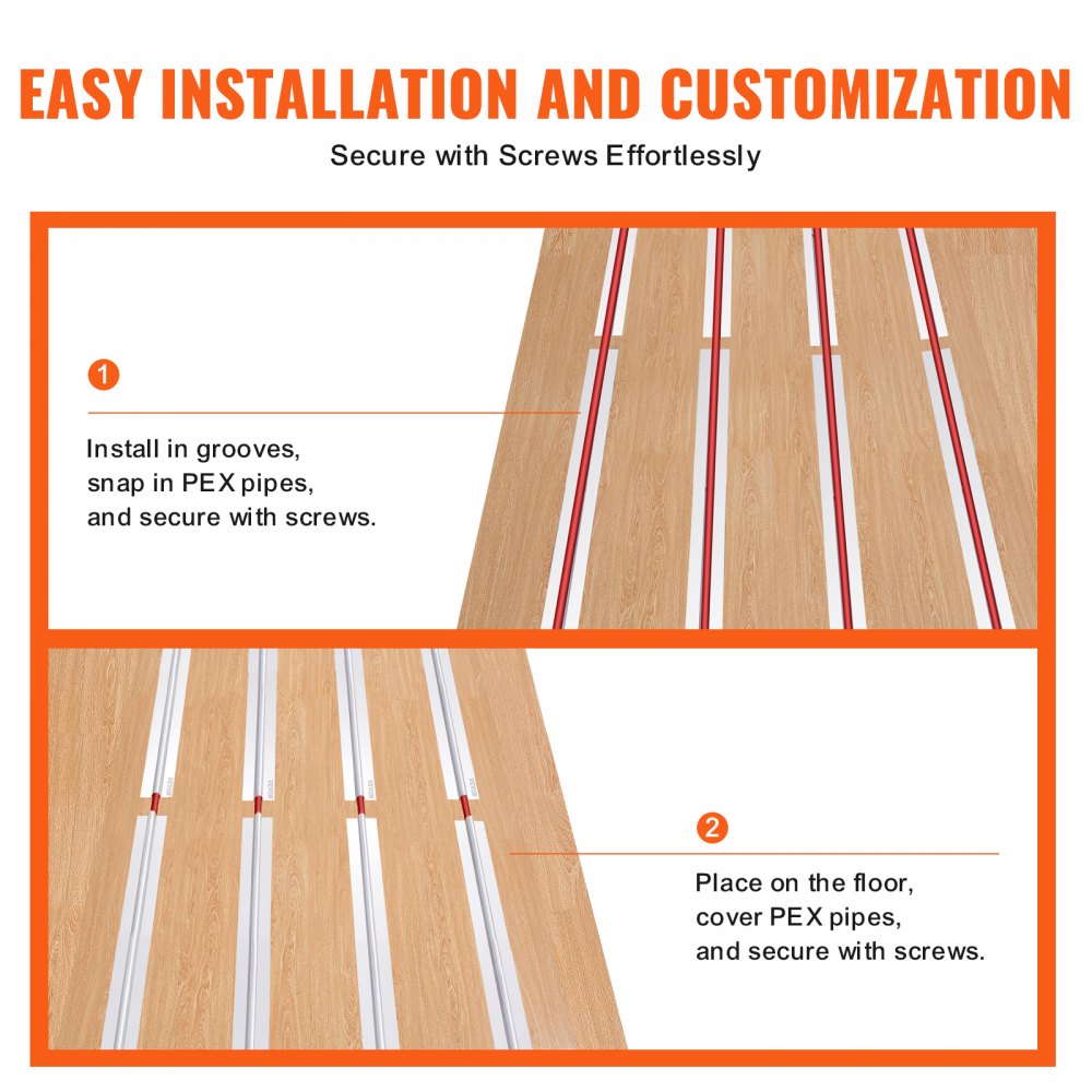 Diagram showing installation of 4 ft aluminum PEX heat transfer plates with 3/4" pipes using screws.