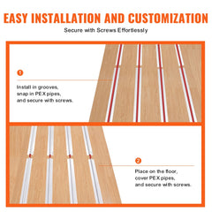 Diagram showing installation of 4 ft aluminum PEX heat transfer plates with 3/4" pipes using screws.