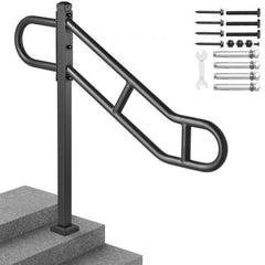 Black single-post outdoor stair handrail, 40.5 inches tall, with mounting hardware.
