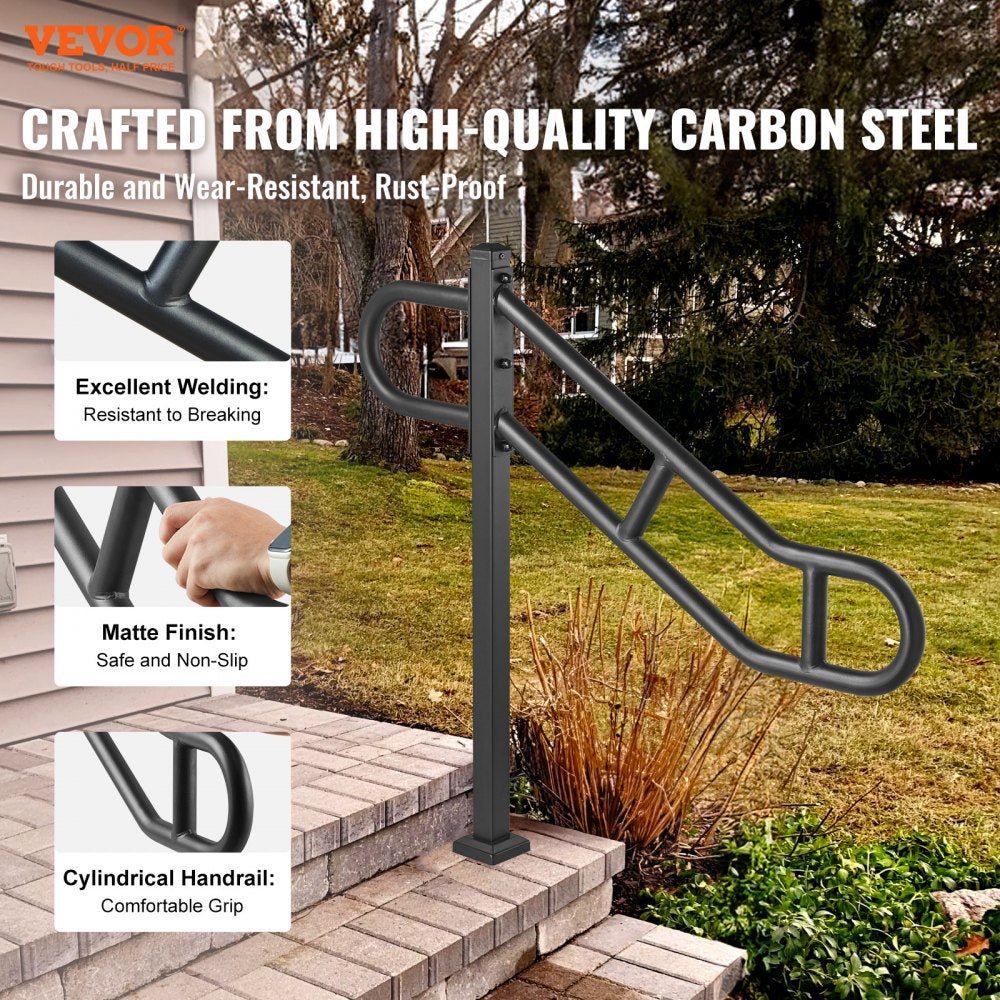 A 40.5-inch single post outdoor stair handrail made of black steel for 1-3 steps.