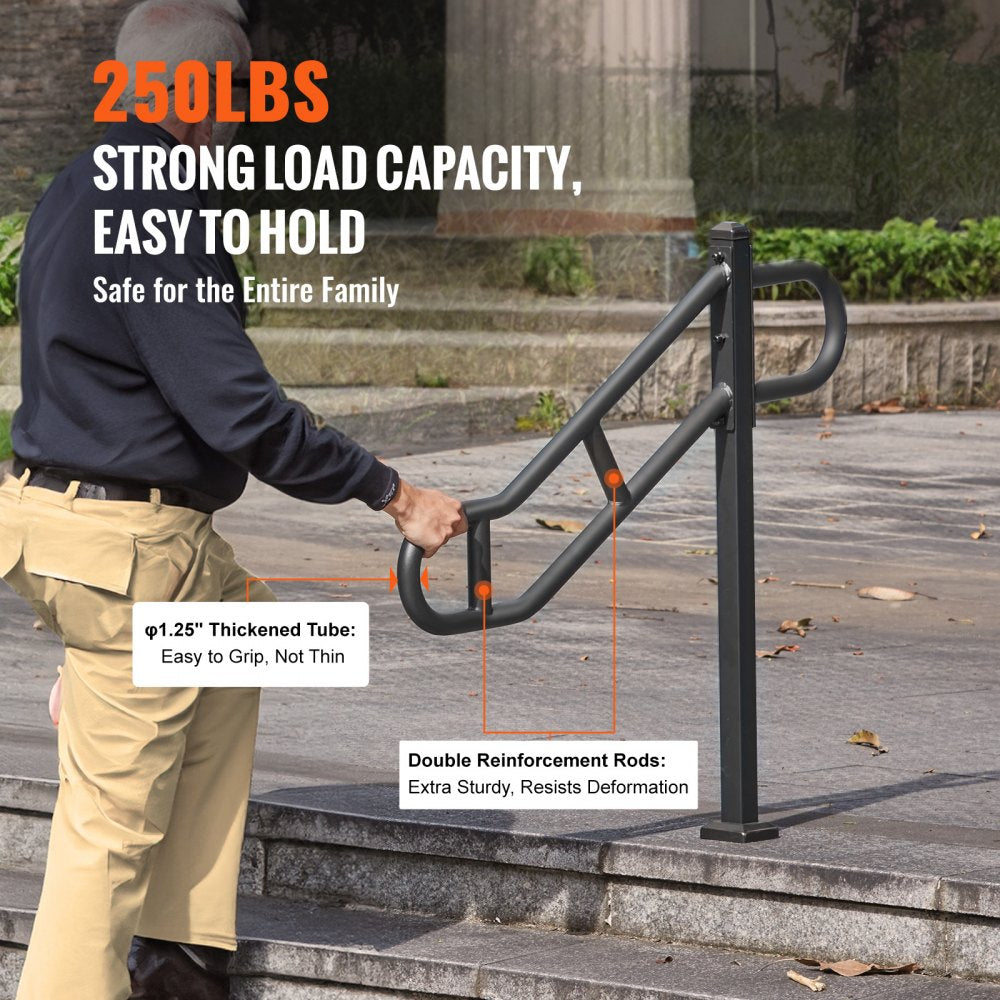 A man grips a black 40.5-inch single-post outdoor stair handrail with thickened tube and double reinforcement, rated for 250 lbs.