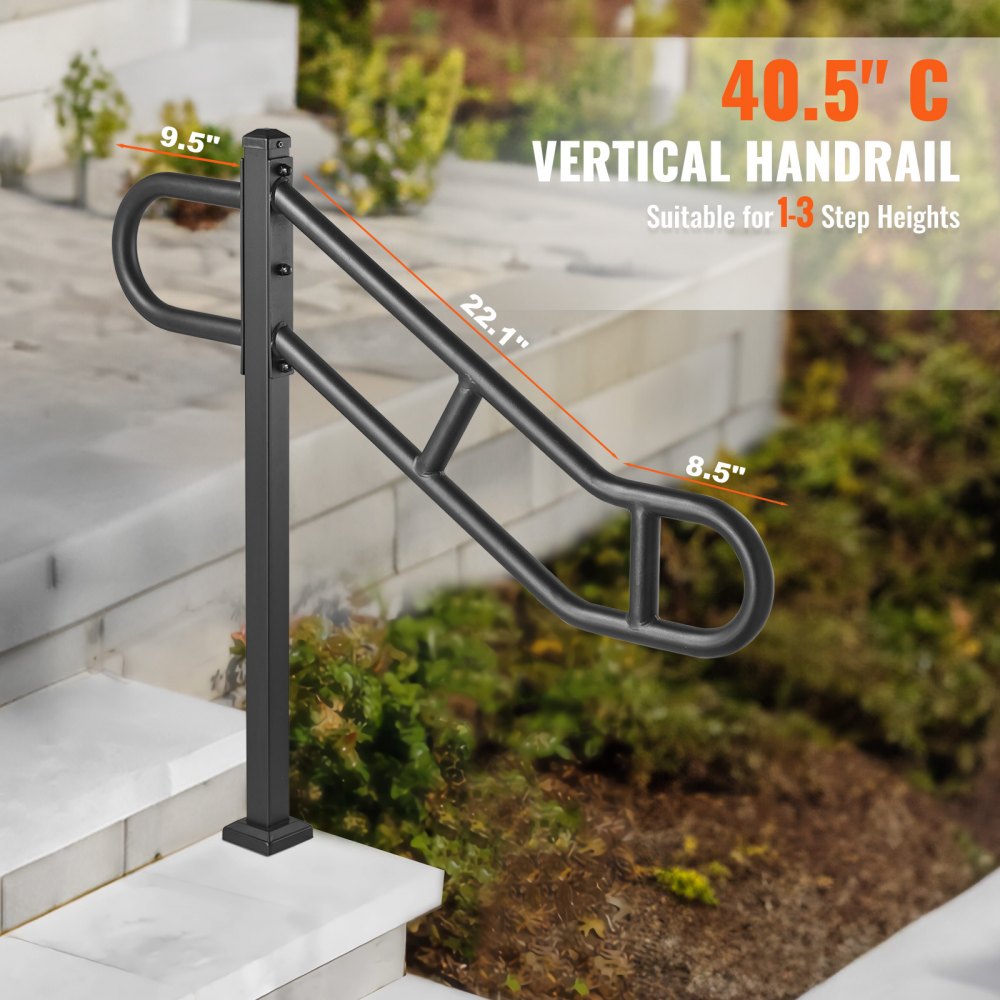 Black metal single post outdoor stair handrail measuring 40.5 inches for 1-3 steps.