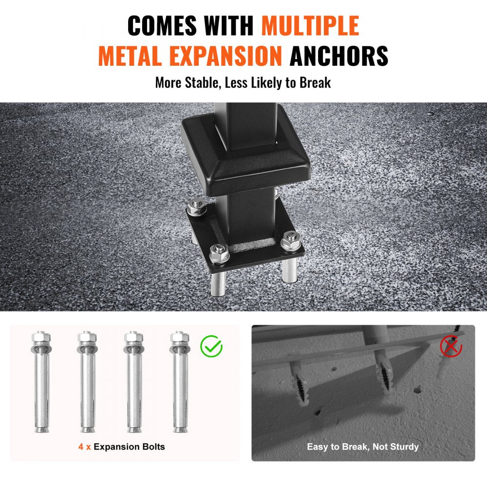 Black metal single post stair handrail with expansion anchors for stable installation.