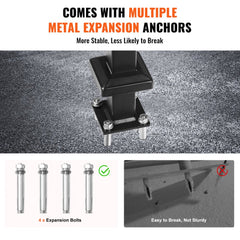 Black metal single post stair handrail with expansion anchors for stable installation.