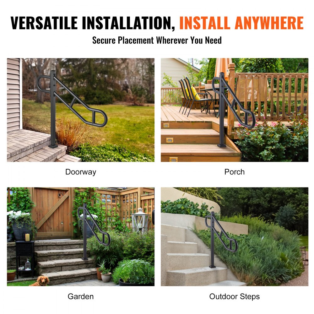 Black metal single post handrail installed on outdoor stairs in various settings.