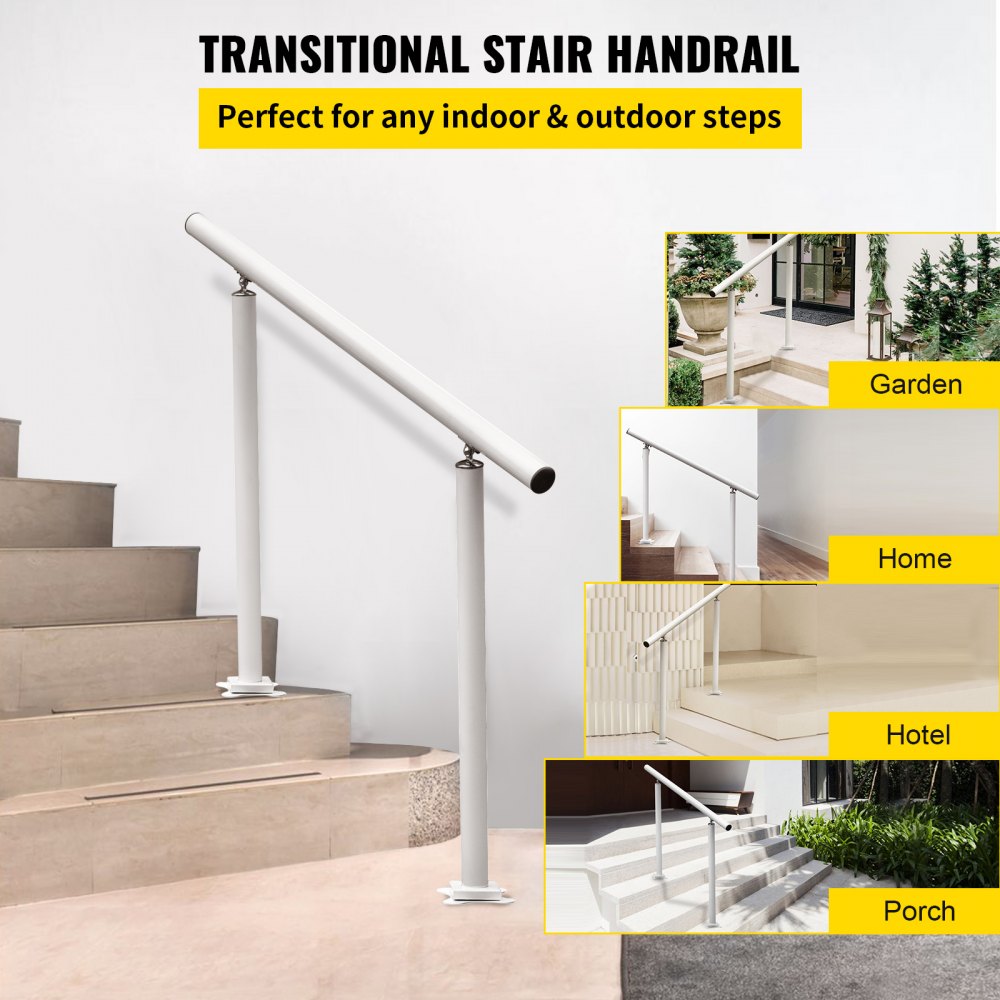 White aluminum handrail designed for 1-3 outdoor steps with adjustable angle for secure fit.