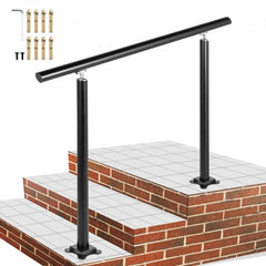 Black aluminum adjustable stair handrail kit with posts and mounting hardware on brick steps.
