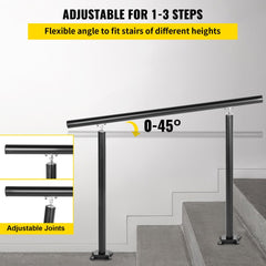 A black aluminum handrail with adjustable joints is shown installed on concrete steps.