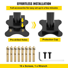 Black aluminum stair handrail base with pre-drilled holes, protection cap, 10 screws, and wrench for easy installation.