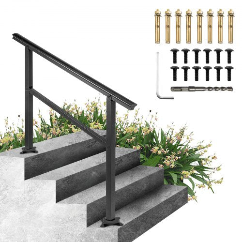 Black aluminum outdoor stair handrail adjustable for 3-4 steps with sturdy construction.