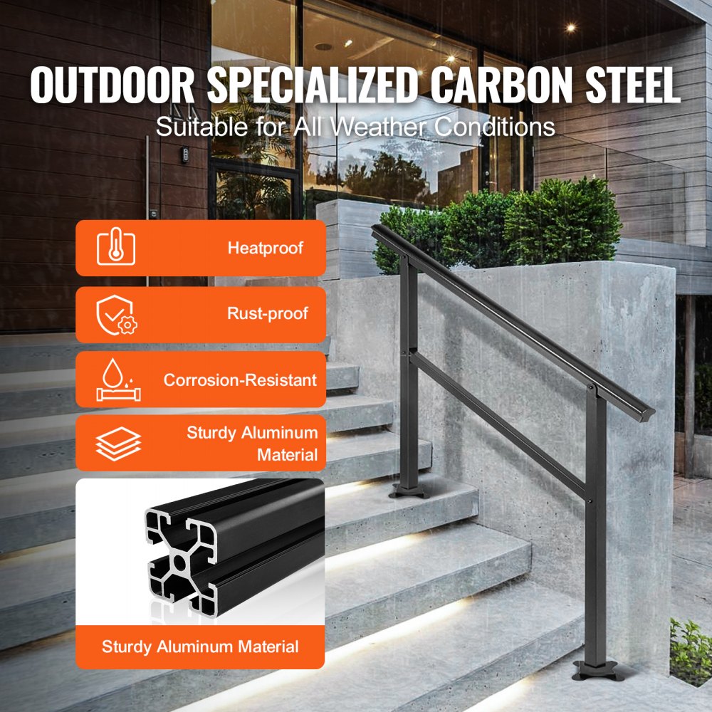 Black aluminum outdoor stair handrail adjustable for 3-4 steps with sturdy construction.