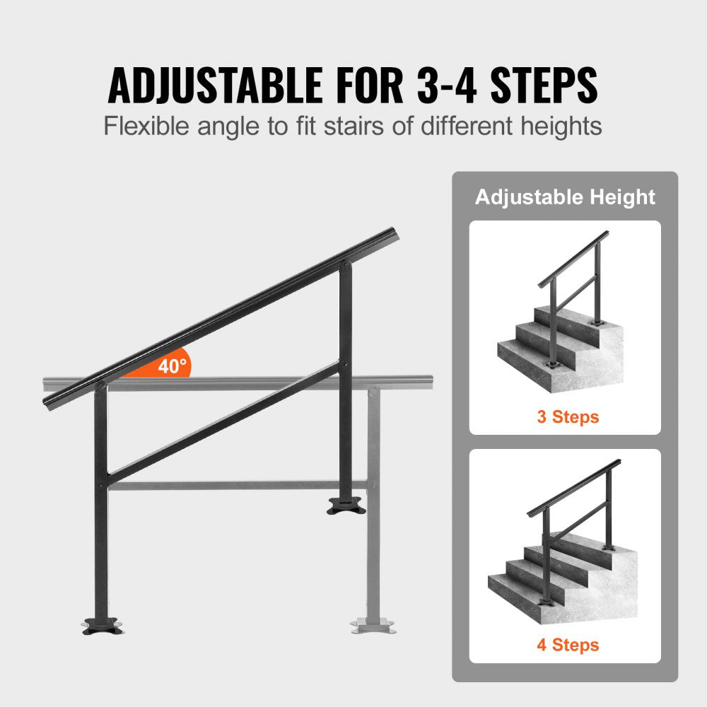 Black aluminum outdoor stair handrail, adjustable for 3-4 steps, sturdy and rust-resistant.