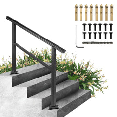 Black aluminum outdoor stair handrail adjustable for 3-4 steps with sturdy construction.