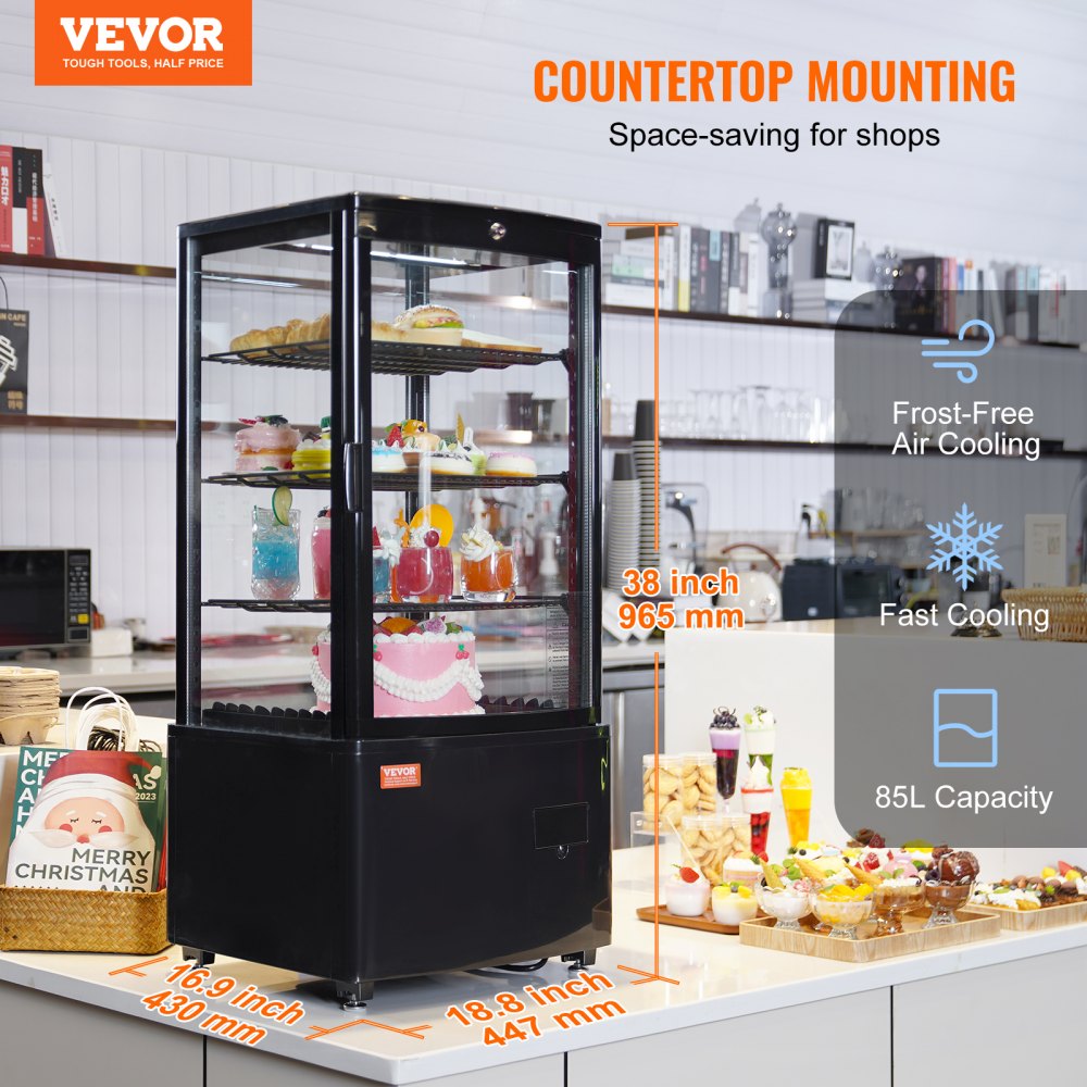 Refrigerated Display Case, 3 Cu.Ft./85L Countertop Pastry Display Case, 3-Tier Commercial Display Refrigerator with LED Lighting, TURBO Cooling, Frost-Free Air-Cooling, Locked Door for Bakery