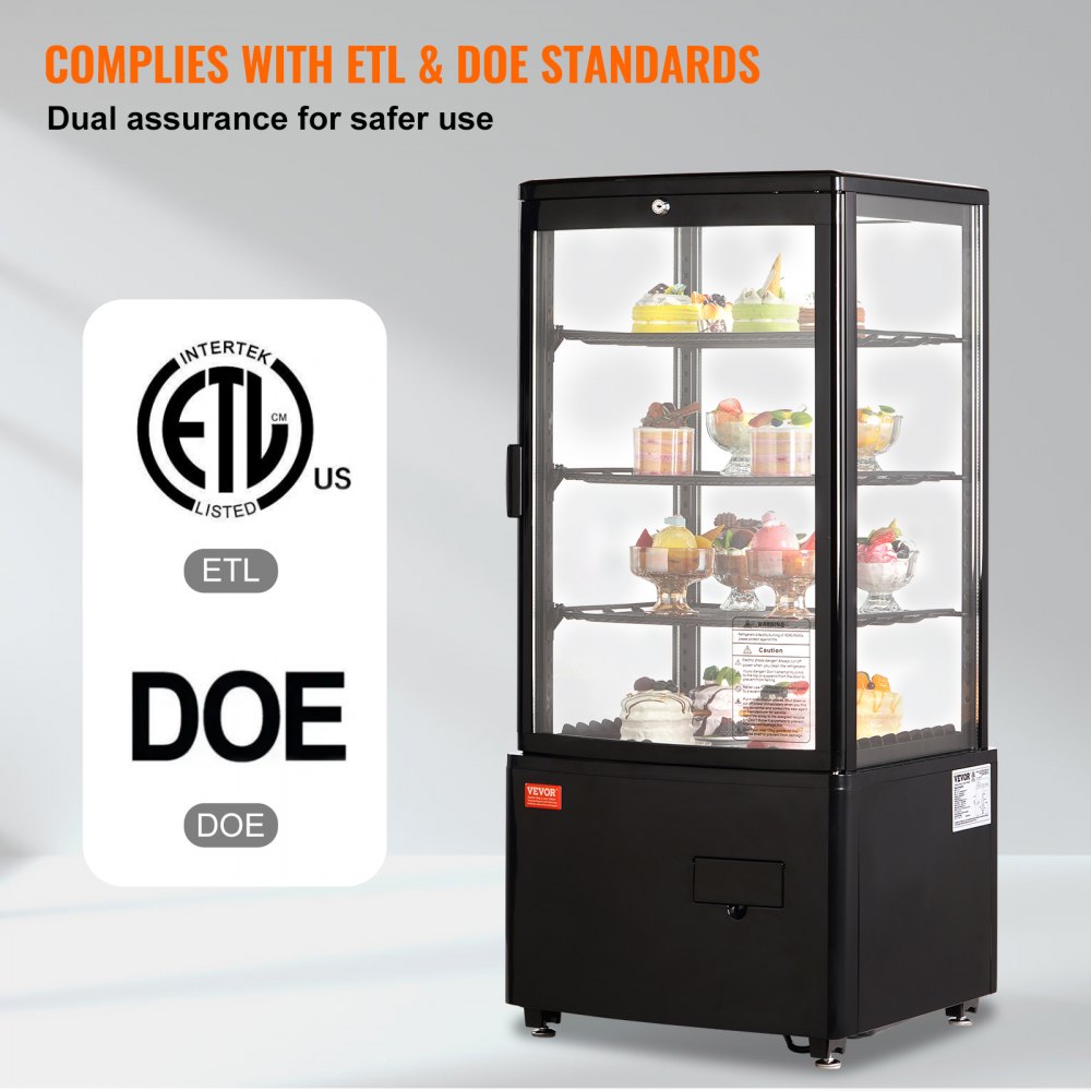 Refrigerated Display Case, 3 Cu.Ft./85L Countertop Pastry Display Case, 3-Tier Commercial Display Refrigerator with LED Lighting, TURBO Cooling, Frost-Free Air-Cooling, Locked Door for Bakery