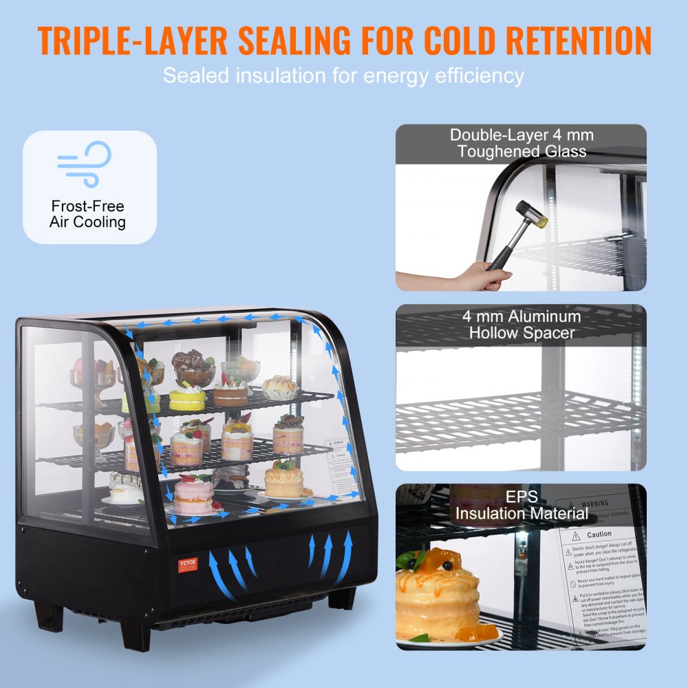 Refrigerated Display Case, 3.5 Cu.Ft./100L, 2-Tier, Countertop Pastry Display Case Commercial Display Refrigerator with LED Lighting, TURBO Cooling, Frost-Free Air-Cooling, Rear Sliding Door