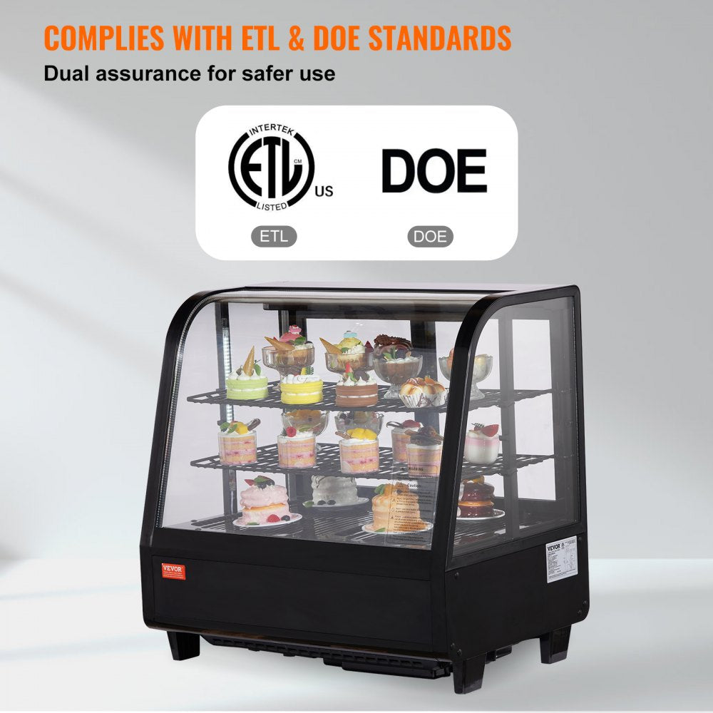 Refrigerated Display Case, 3.5 Cu.Ft./100L, 2-Tier, Countertop Pastry Display Case Commercial Display Refrigerator with LED Lighting, TURBO Cooling, Frost-Free Air-Cooling, Rear Sliding Door