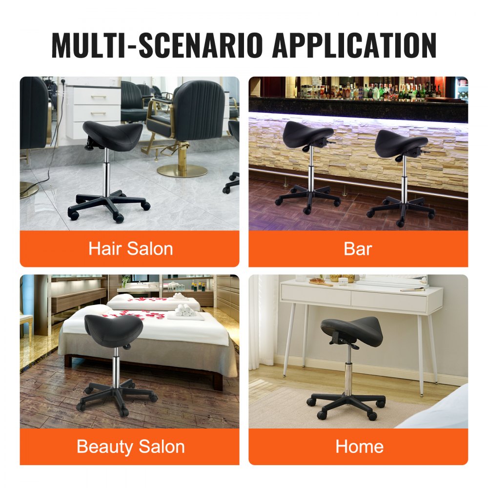 Saddle Stool with Wheels, 400 LBS Weight Capacity, Height Adjustable Thickened PU Leather Swivel Saddle Stool Chair for Salon, Spa, Tattoo, Clinic, Black