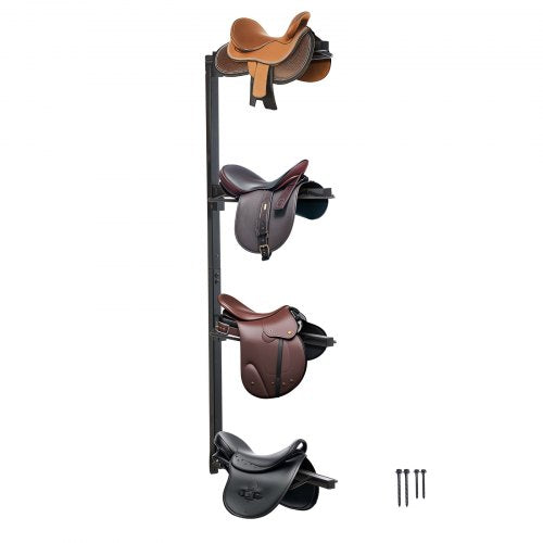Bostome 4-tier wall mount saddle rack in carbon steel for Western and English saddles.