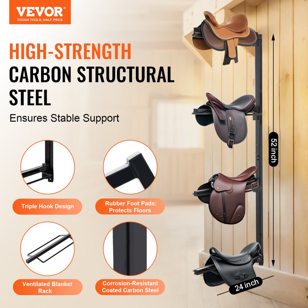 Bostome 4-tier wall mount saddle rack in carbon steel with a rust-resistant finish.