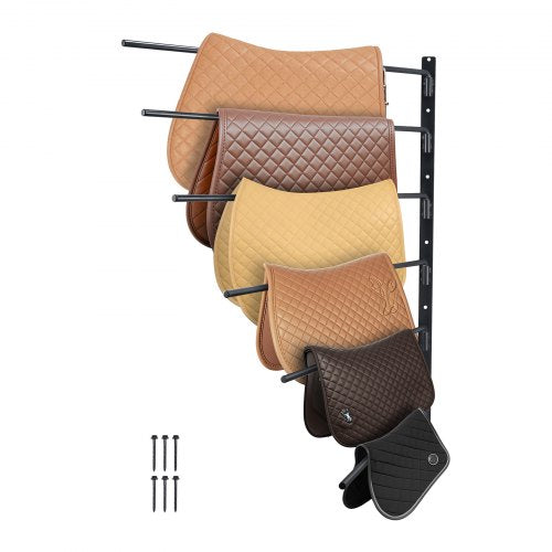 Wall-mounted 6-tier saddle rack with a rotating design for easy access and space-saving features.