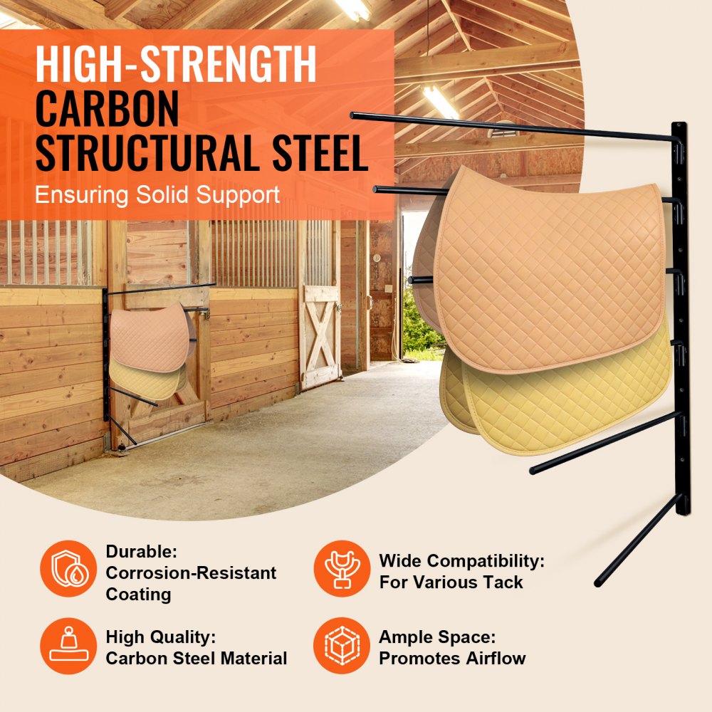 Wall-mounted 6-tier saddle rack with a foldable design for English and Western tack storage.